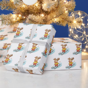Moose Skiing on White Background Wrapping Paper