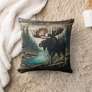 Moose Standing by a Stream in a Forest Setting Cushion
