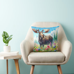 Moose Standing in Flowers Cotton Throw Pillow