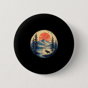 Moose sunset mountain forest lake wilderness 6 cm round badge