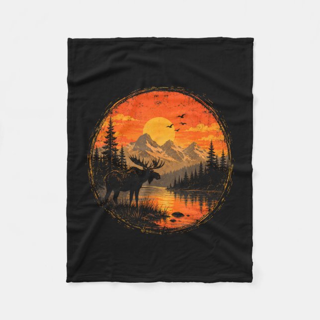 Moose sunset mountain forest lake wilderness fleece blanket (Front)