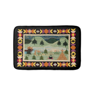 Moose, Teepee, Camp Fire, Mountains, Pine Trees Bath Mat