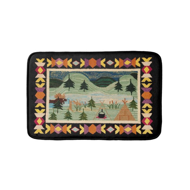 Moose, Teepee, Camp Fire, Mountains, Pine Trees Bath Mat (Front)