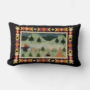 Moose, Teepee, Camp Fire, Mountains, Pine Trees Lumbar Cushion