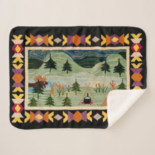 Moose, Teepee, Camp Fire, Mountains, Pine Trees Sherpa Blanket