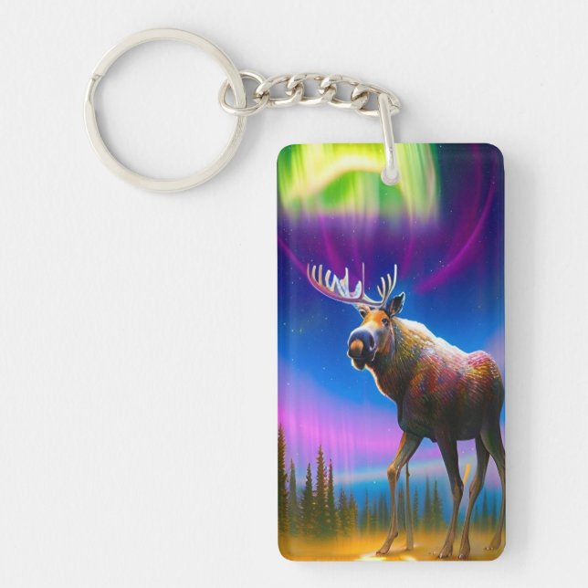 Moose Under Colourful Aurora Borealis Sky Key Ring (Front)