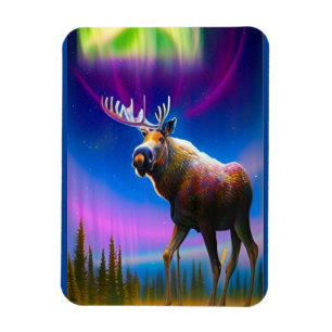 Moose Under Colourful Aurora Borealis Sky Magnet