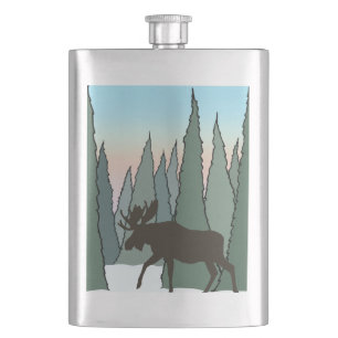 Moose Walking in Winter Forest Hip Flask