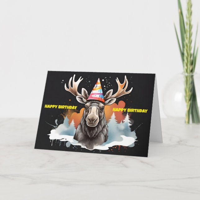 Moose wearing birthday hat card (Front)