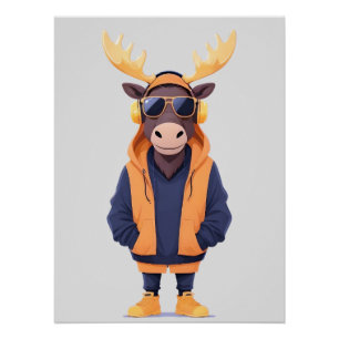 Moose Wearing Hoodie Funny Cool Animal Character  Poster