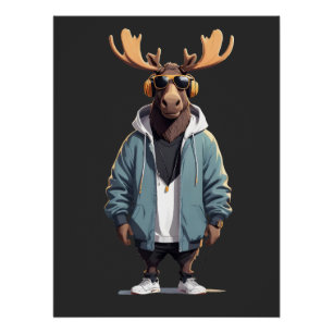 Moose Wearing Hoodie Funny Cool Animal Character Poster