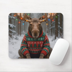 Moose Wearing Ugly Christmas Sweater Mouse Pad