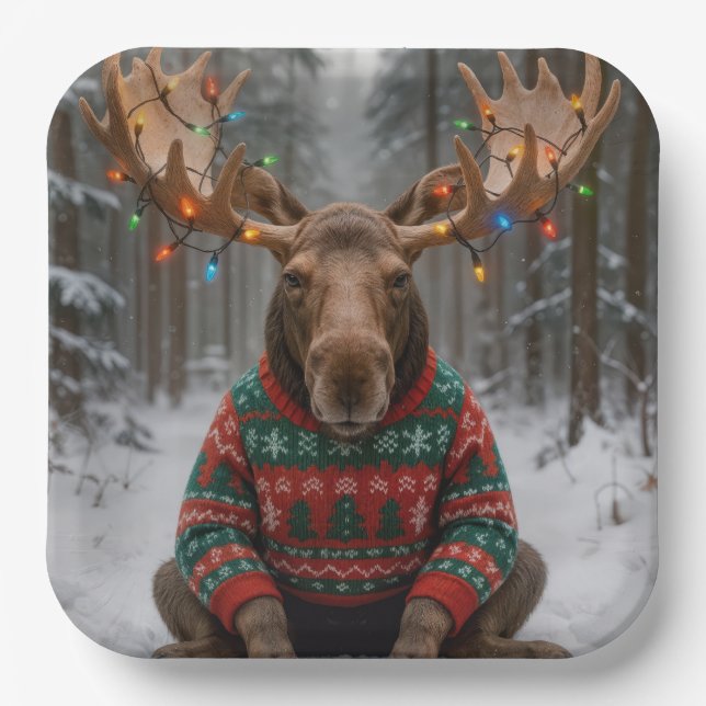 Moose Wearing Ugly Christmas Sweater Paper Plate (Front)