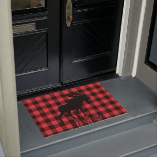 Moose Welcome Red Black Plaid Doormat