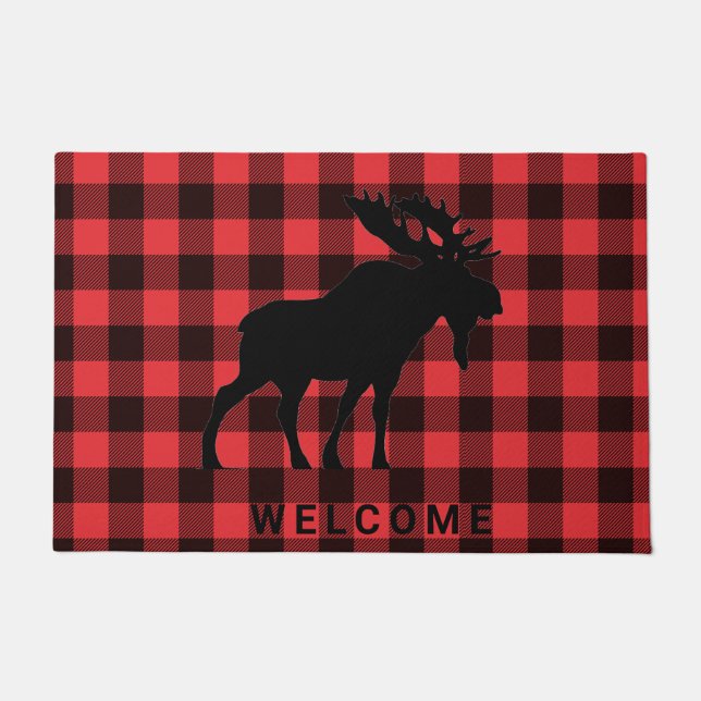 Moose Welcome Red Black Plaid Doormat (Front)