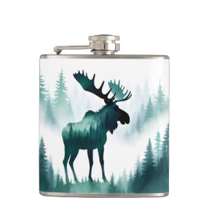 Moose Wildlife Animal Nature Forest Mountain Art Hip Flask