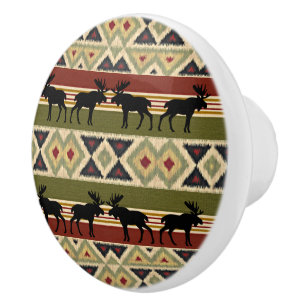 Moose Wildlife Animal Red Green Ochre Ikat Stripes Ceramic Knob