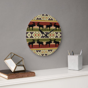 Moose Wildlife Animal Red Green Ochre Ikat Stripes Large Clock