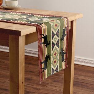 Moose Wildlife Animal Red Green Ochre Ikat Stripes Medium Table Runner