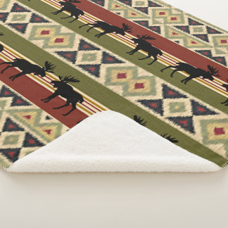 Moose Wildlife Animal Red Green Ochre Ikat Stripes Sherpa Blanket