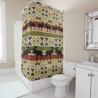 Moose Wildlife Animal Red Green Ochre Ikat Stripes Shower Curtain