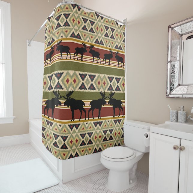 Moose Wildlife Animal Red Green Ochre Ikat Stripes Shower Curtain (In Situ)