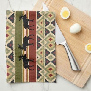 Moose Wildlife Animal Red Green Ochre Ikat Stripes Tea Towel