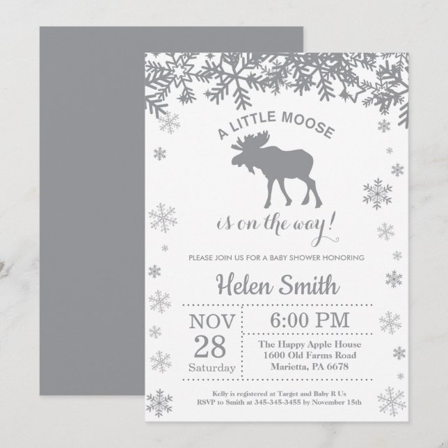 Moose Winter Baby Shower Snowflake Invitation (Front/Back)