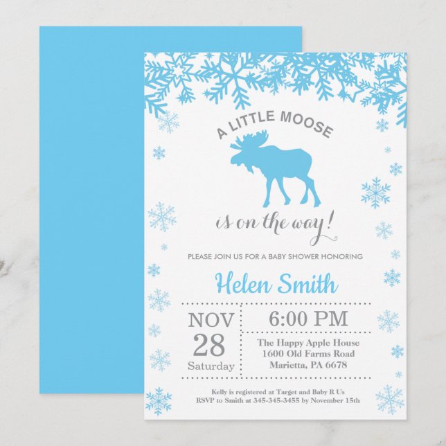 Moose Winter Boy Baby Shower Snowflake Invitation (Front/Back)