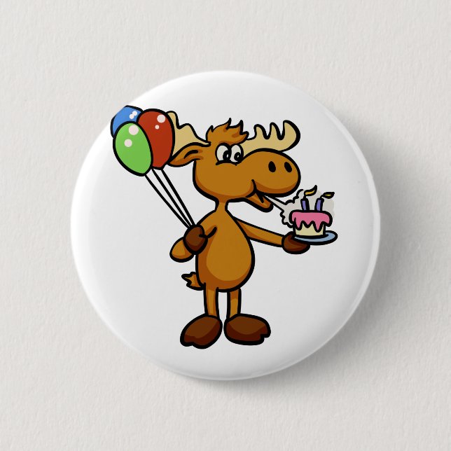 Moose with balloon and cake | choose back colour 6 cm round badge (Front)