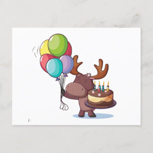 Moose with balloon and cake postcard