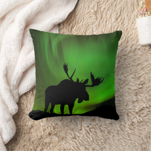 Moose with Green Aurora Borealis, Alaska Cushion
