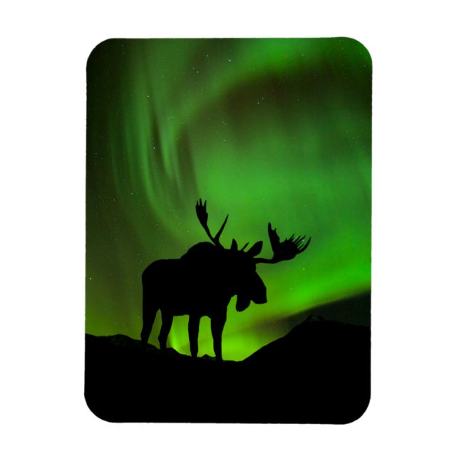 Moose with Green Aurora Borealis, Alaska Magnet (Vertical)