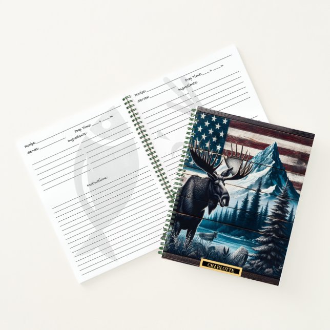 Moose with mountains and flag backdrop notebook (Inside)