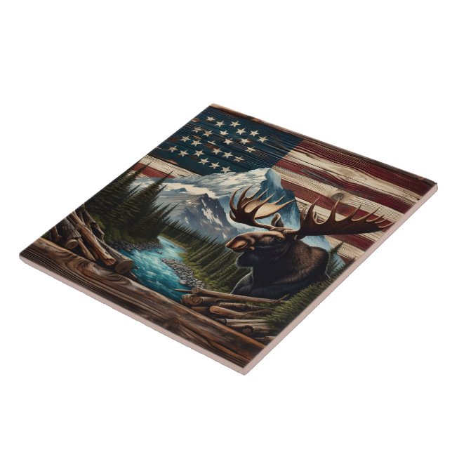 Moose With Mountains and Flag Background Ceramic Tile (Side)
