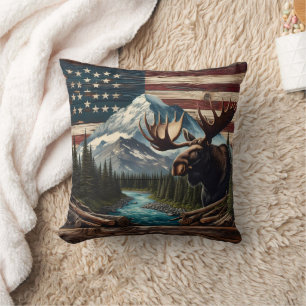 Moose With Mountains and Flag Background Cushion