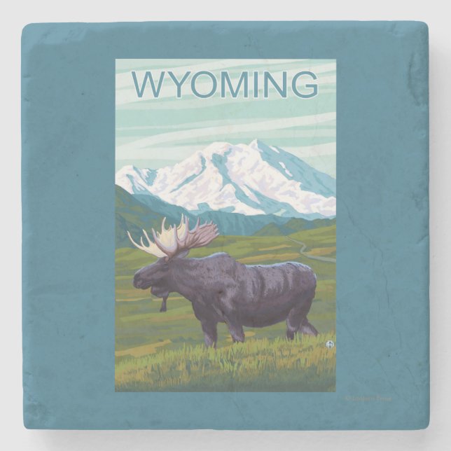Moose with MountainWyoming Stone Coaster (Front)