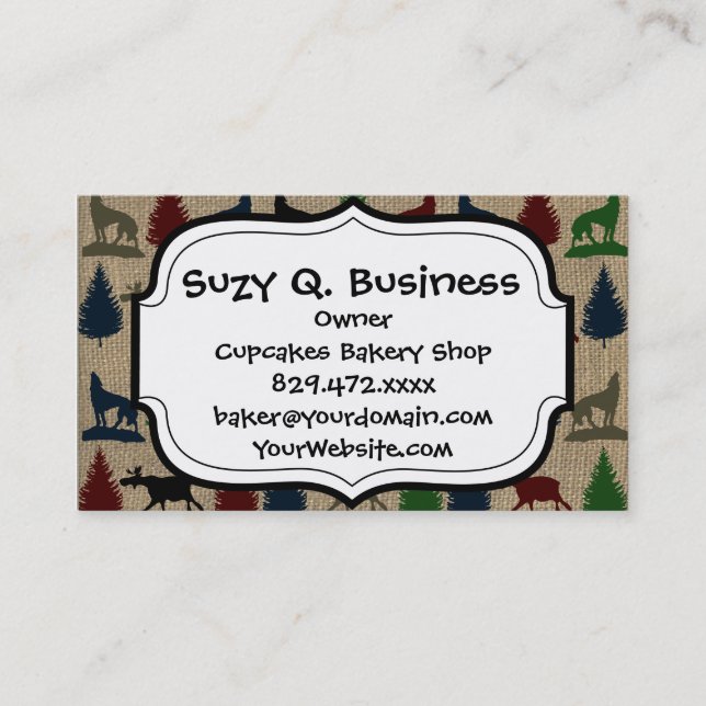 Moose Wolf Pine Tree Rustic Burlap Print Business Card (Front)
