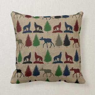 Moose Wolf Pine Tree Rustic Burlap Print Cushion