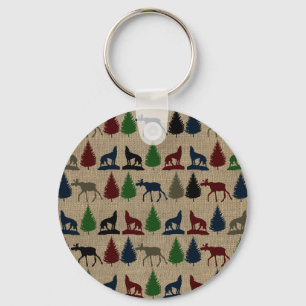 Moose Wolf Pine Tree Rustic Burlap Print Outdoors Key Ring