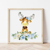 Moose, Woodland Animals, Boho, Blue Flowers