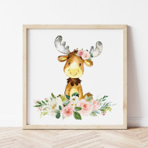 Moose, Woodland Animals, Boho, Pink Flowers
