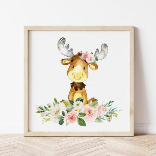 Moose, Woodland Animals, Boho, Pink Flowers Poster
