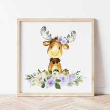 Moose, Woodland Animals, Boho, Purple Flowers