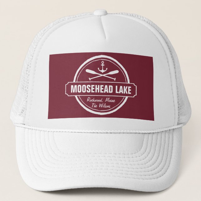 Moosehead Lake Maine anchor custom town and name Trucker Hat (Front)