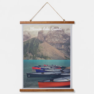 Moraine Lake Colourful Canoes with Letters Overlai Hanging Tapestry