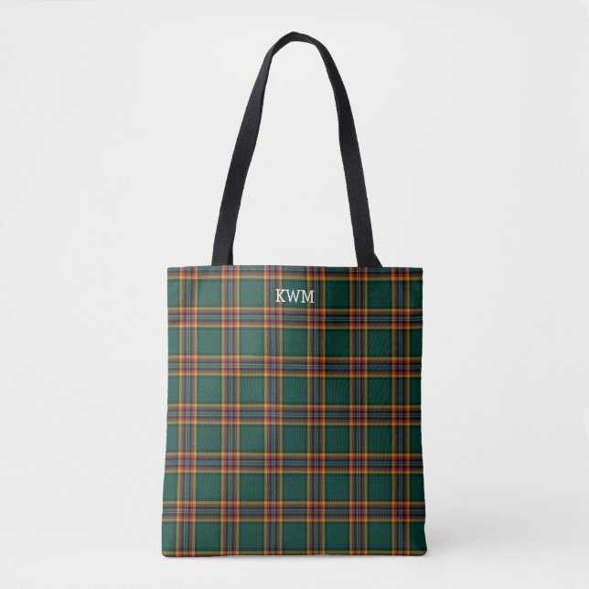 Moran Clan Tartan Dark Green Plaid Monogram Tote Bag (Front)