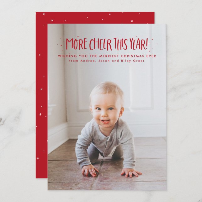 More cheer this year cute one photo red Christmas  Holiday Card (Front/Back)