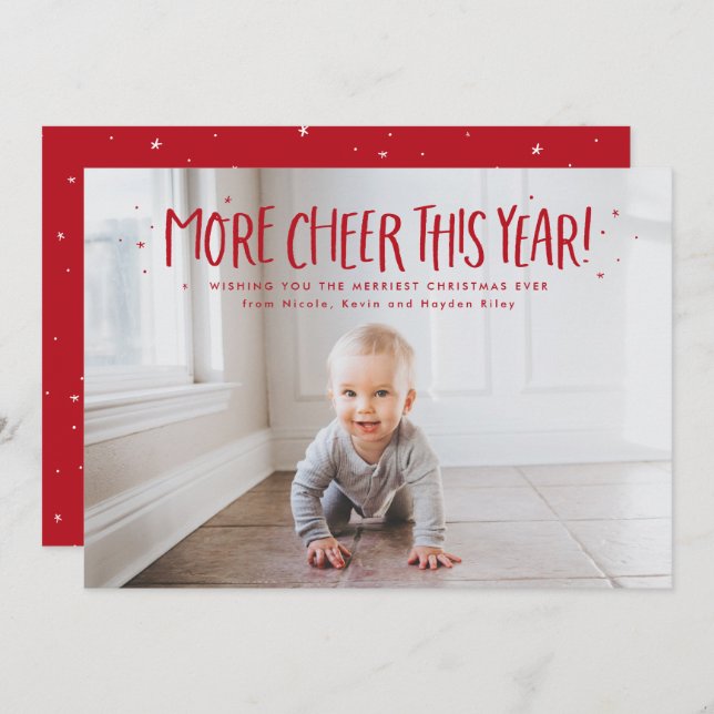 More cheer this year fun one photo red Christmas Holiday Card (Front/Back)