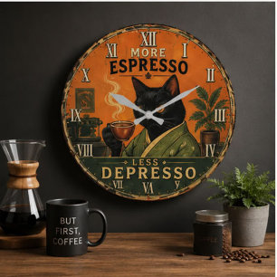 More Espresso Less Depresso Cat Large Clock